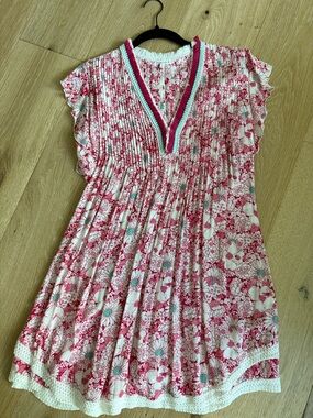 Poupette St. Barth Pink and White Floral Cotton Dress with Turquoise Trim